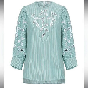 Sandro Paris Green and White Striped Embroidered Tunic Top